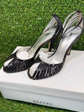 Vtg Bakers Brooke-S Black Sequin Cage Heels Strappy Peep Toe Sandal Shoes Box 6M